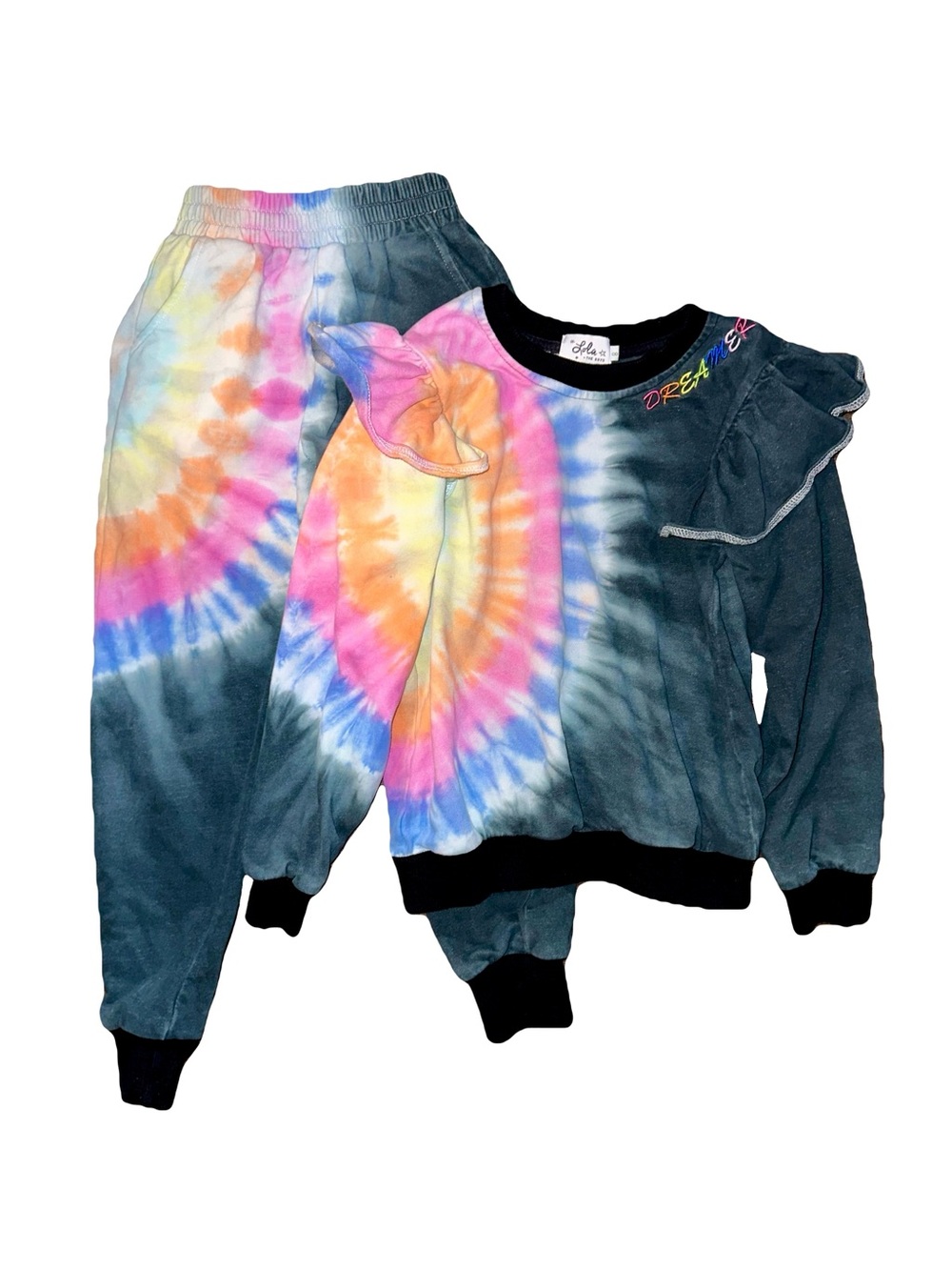 Lola + The Boys Girls Rainbow Tie Dye Ruffle Cozy Sweatpant Sweatshirt Set Sz 8